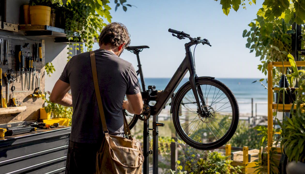 Man inspecteert e-bike van achteren in een fietsenwinkel