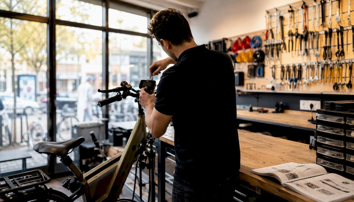 Een monteur is bezig met het stellen van een diagnose aan een e-bike, gezien van achteren.