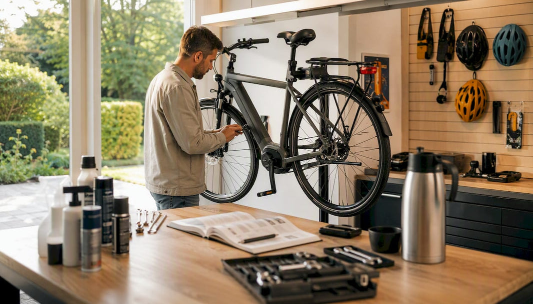 Man bezig met het repareren van zijn fiets, gezien van achteren
