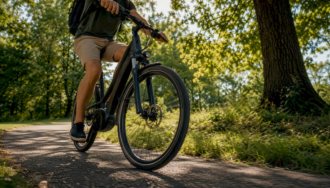 Een man fietst op een elektrische fiets, gezien van achteren.