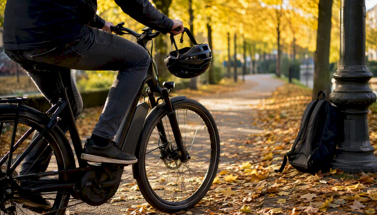 Een man fietst op zijn e-bike naar zijn werk, gezien van achteren.