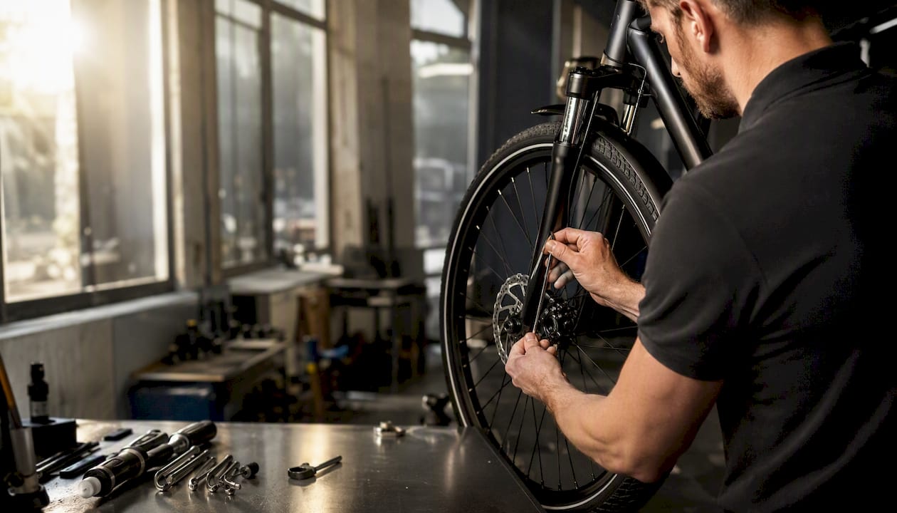 Een monteur staat achter een e-bike en stelt de ketting bij.