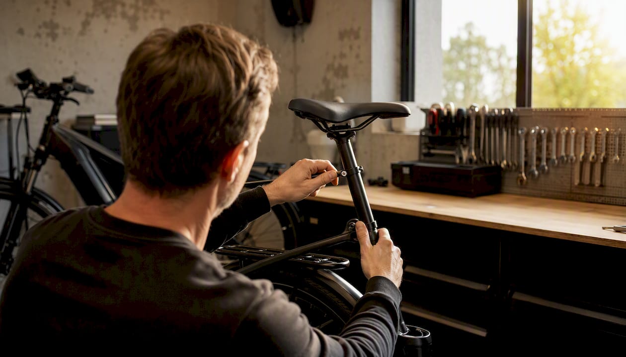Een man die van achteren het zadel van zijn fiets bijstelt.