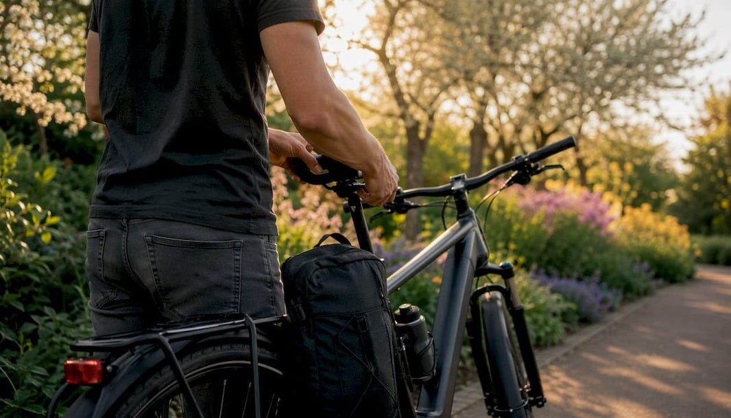 Een man die van achteren zijn fietszadel bijstelt.