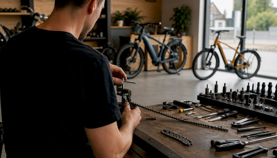 In de werkplaats is een man bezig met het vervangen van de ketting van zijn fiets.