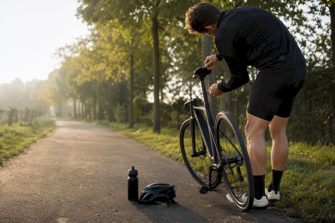 Man die vanaf de achterkant het zadel van zijn fiets op de juiste hoogte afstelt
