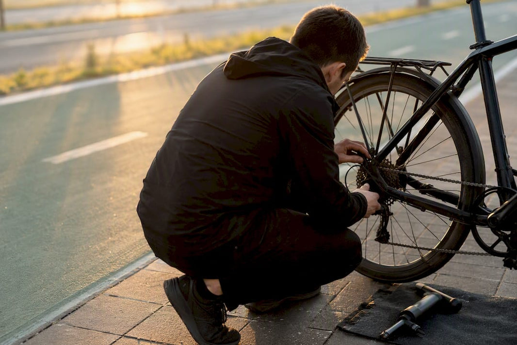 Een man controleert of zijn fietsketting nog soepel loopt en bekijkt meteen of het profiel van zijn banden niet te ver is afgesleten.