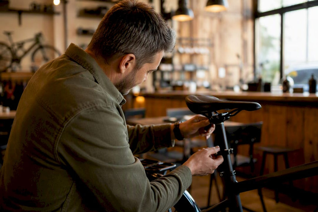 Man die van achteren het frame van een e-bike inspecteert