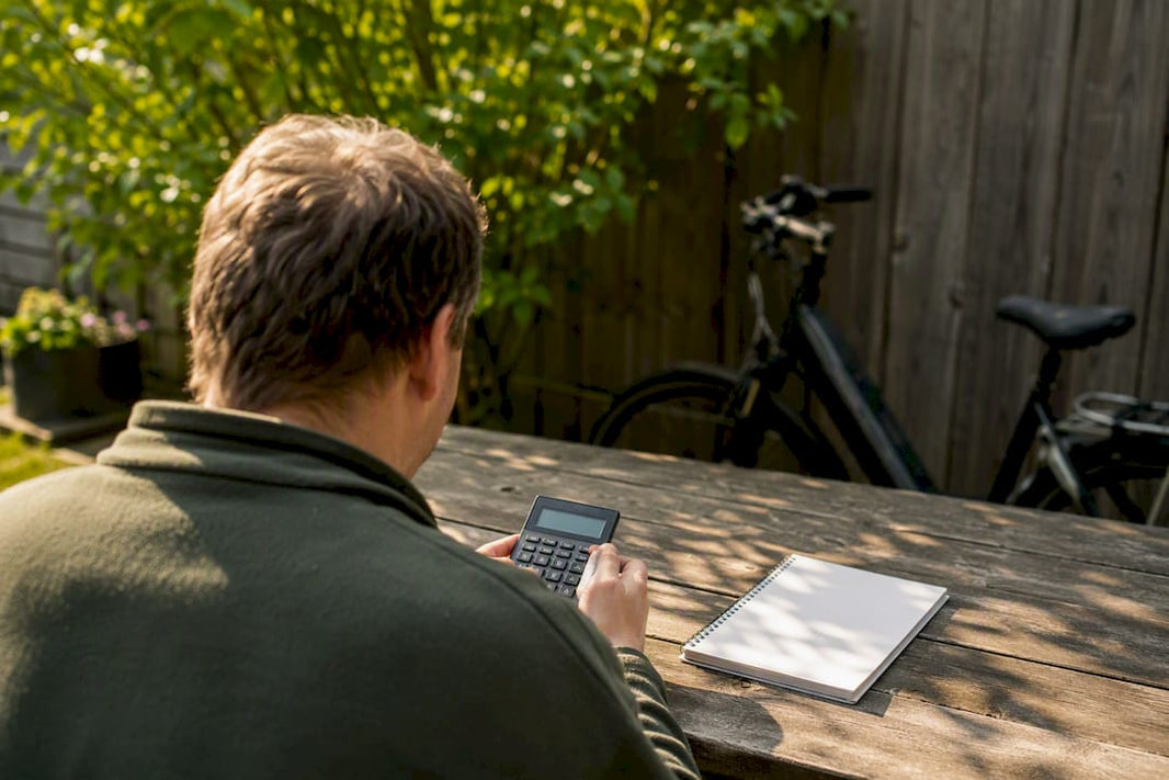 Man die de kosten van een e-bike lease aan zijn bureau berekent