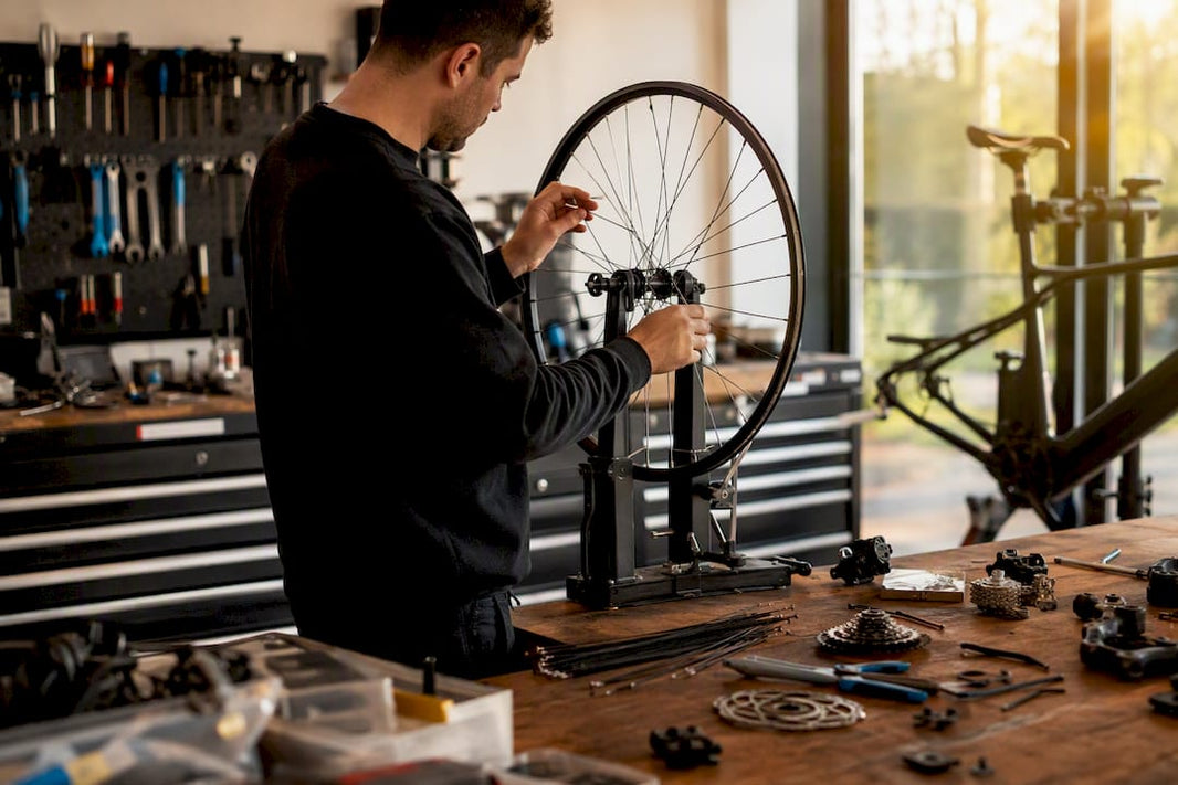 Man die spaak van een elektrische fiets vervangt in werkplaats