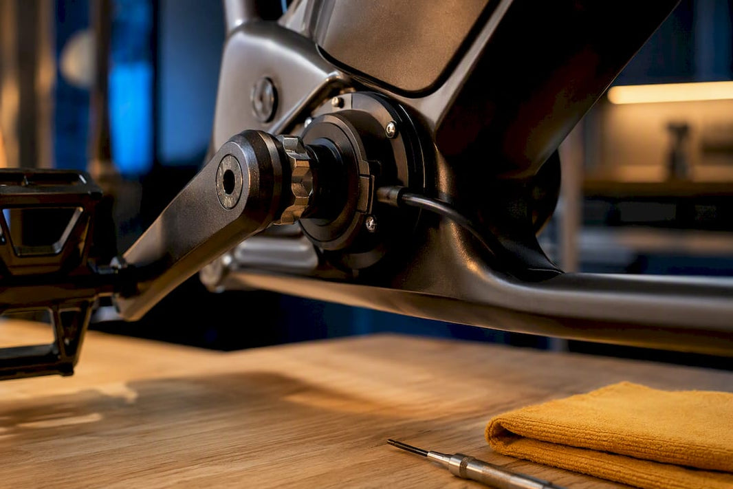 Close-up van een trapkrachtsensor bij de crank