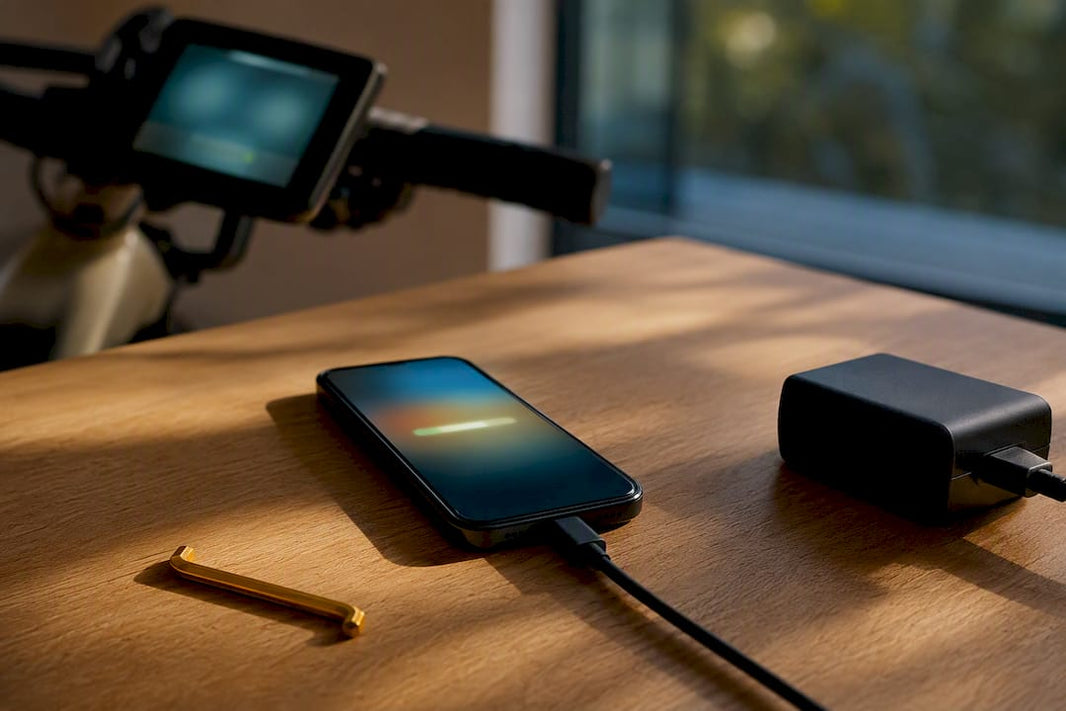 Smartphone naast e-bike tijdens firmware-update