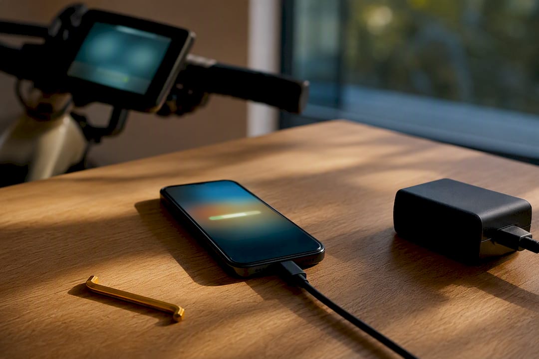 Smartphone naast e-bike tijdens firmware-update