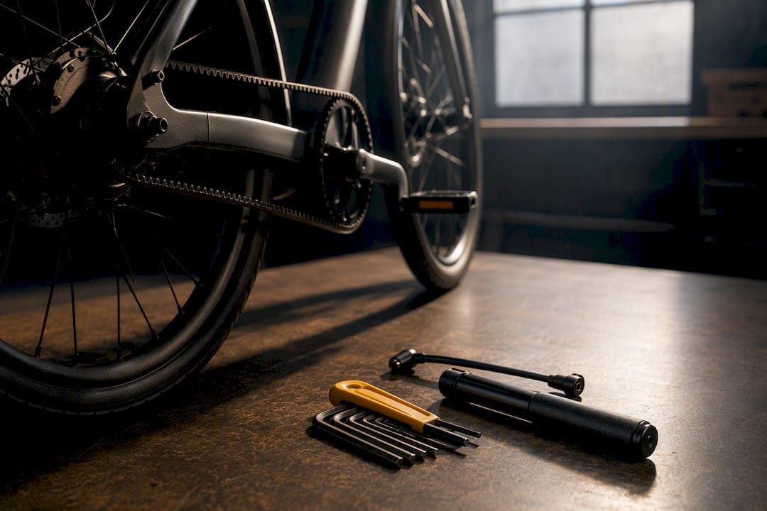 Close-up van de riemaandrijving van een e-bike tijdens onderhoud