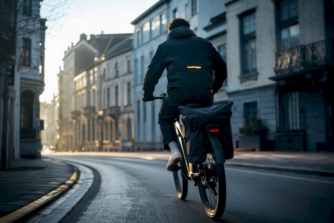 Fietser rijdt geruisloos door een Belgische stadsstraat