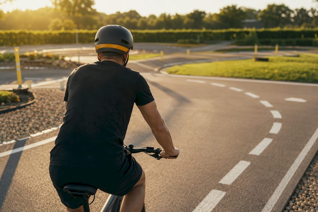 Man probeert e-bike uit op testroute
