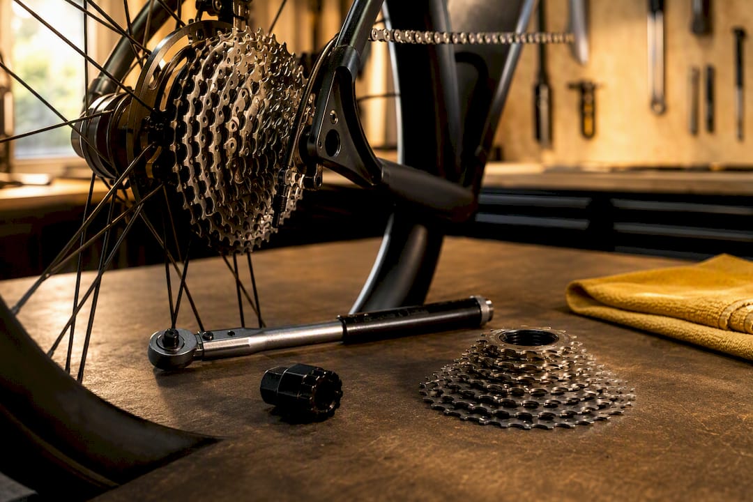 Close-up van de ketting en cassette van een e-bike