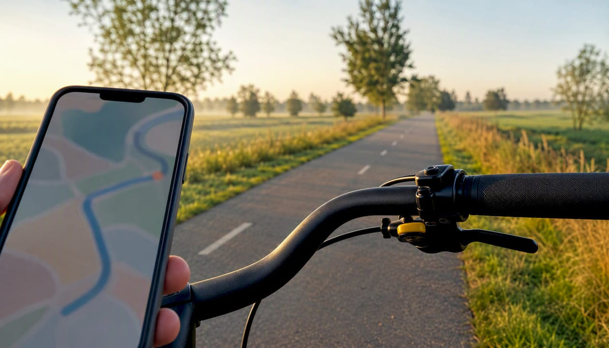 Smartphone naast het fietsstuur tijdens het fietsen