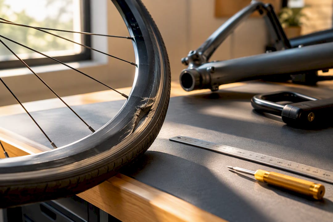 Fietswiel met schade op de werkbank