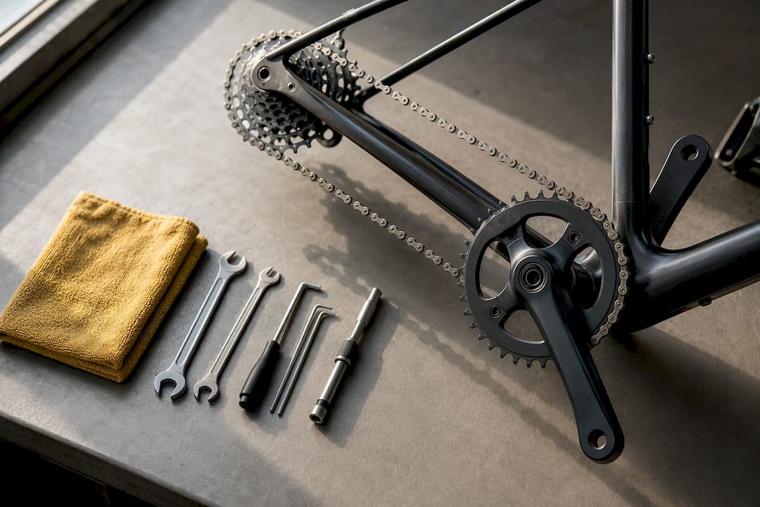 Fietsonderdelen en gereedschap op de werkbank