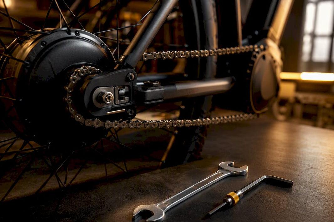 Close-up van de ketting en achteras van een e-bike