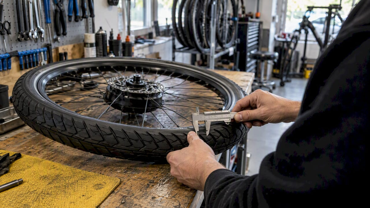 E-bikeband met schuifmaat op de werkbank