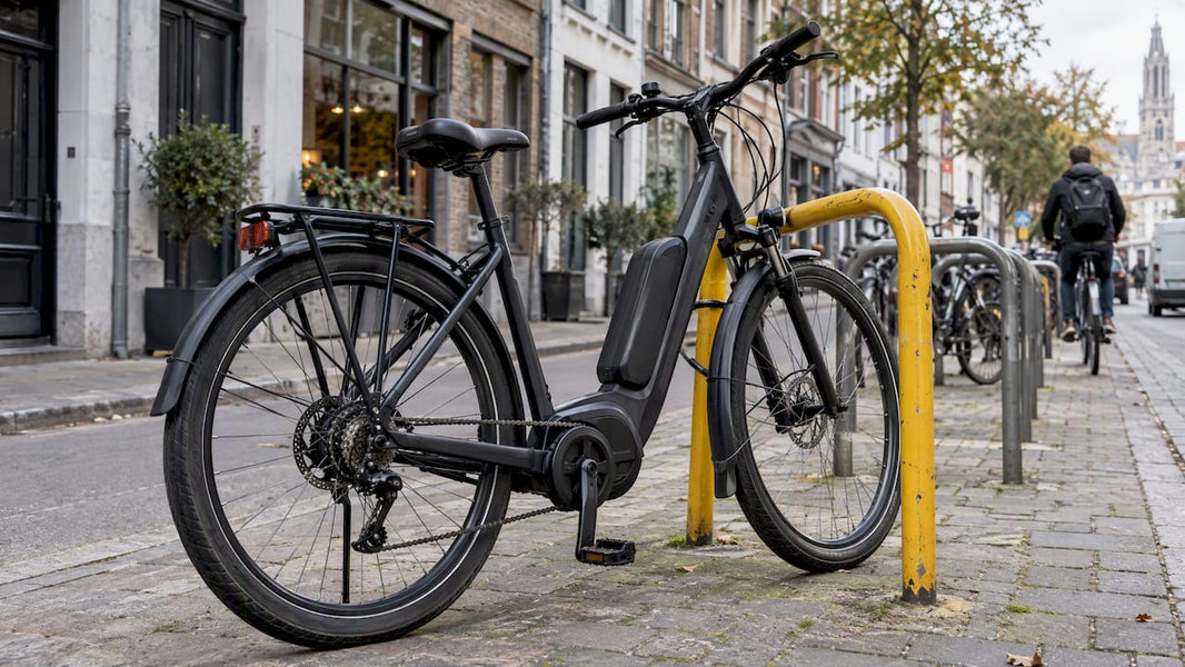 Elektrische fiets vastgezet aan een gele fietsenbeugel