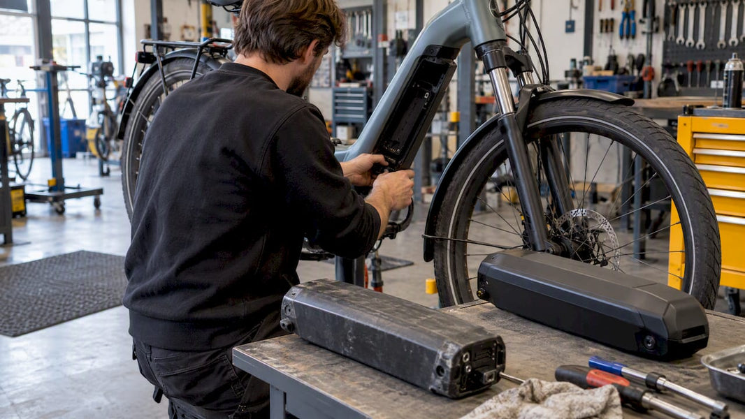 E-bikeaccu ligt naast een open batterijhouder in de werkplaats